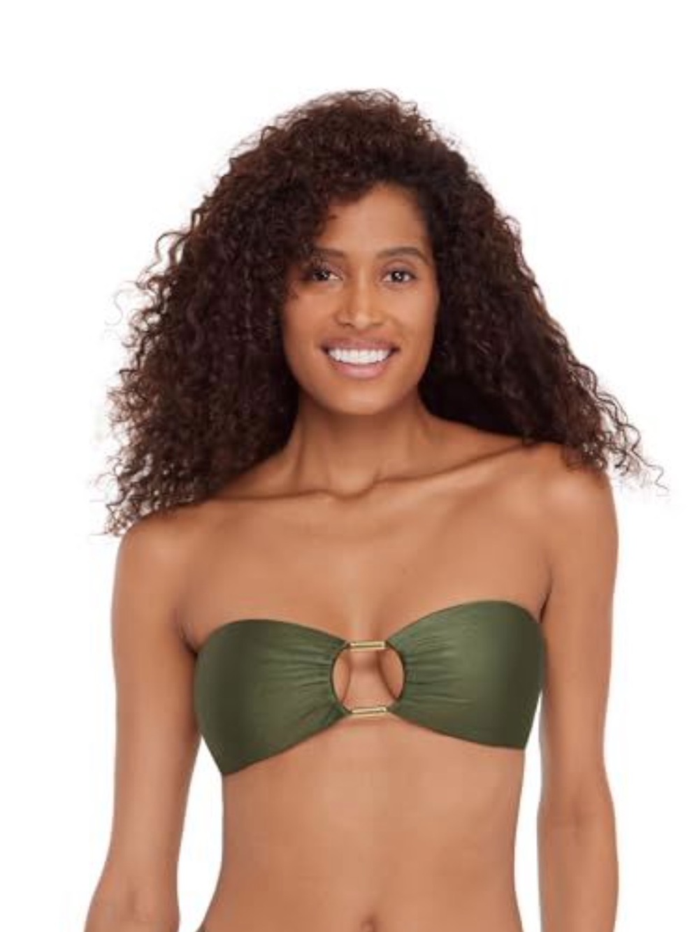Steve Madden Cutout Bandeau Bikini Top w/Gold Beads, Shine Bright Olive Small